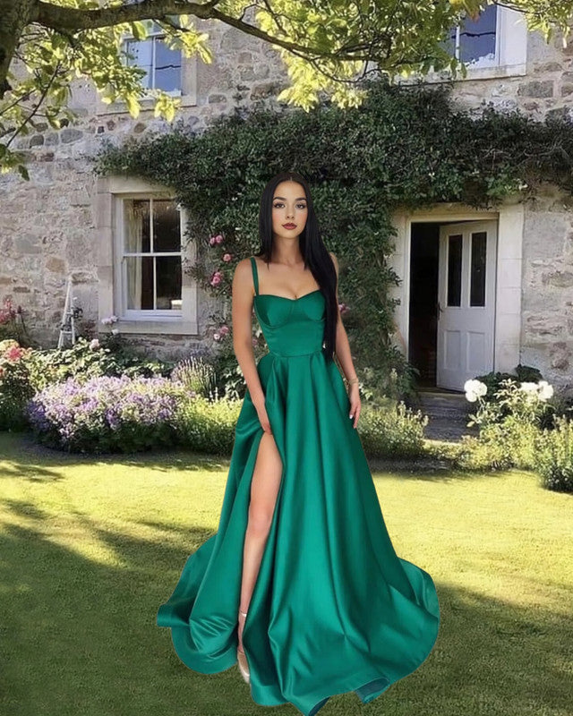 emerald green satin prom dress Long A-line Sweetheart Split Square Neck Sleeves Rhinestone & Pearl Sleevless BFCM_20 PRODUCTION:STANDARD