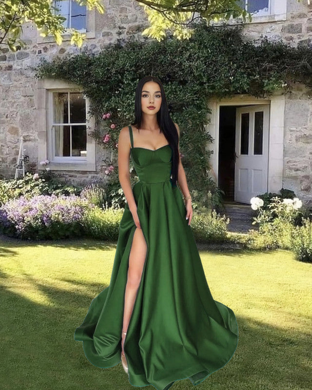 Long A-line Sweetheart Split Satin Dress