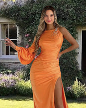 Load image into Gallery viewer, Mermaid Orange Satin One Sleeve Dress
