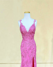 Load image into Gallery viewer, Pink Mermaid Lace V-neck Split Dress
