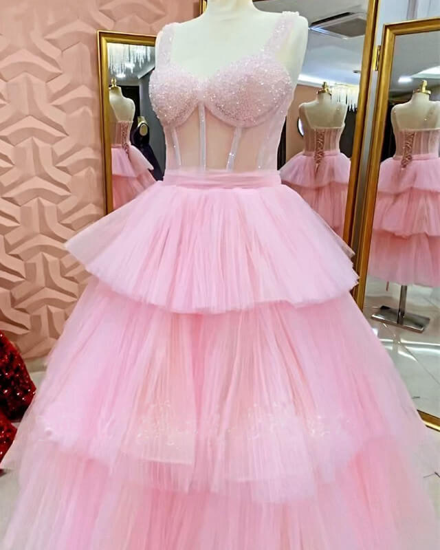 strapless open back dress Pink Tulle A-Line Sheer Empire Sweetheart Tiered Party Prom Dress –  Movousdress