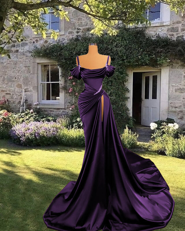Mermaid Purple Satin Off The Shoulder Split Gown