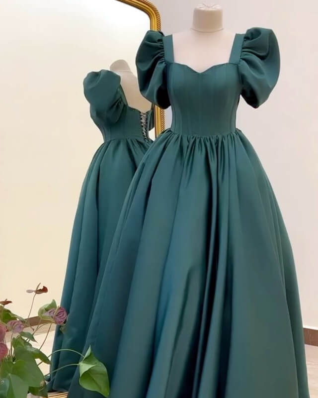 Long Hunter Green Satin Puffy Sleeves Dress