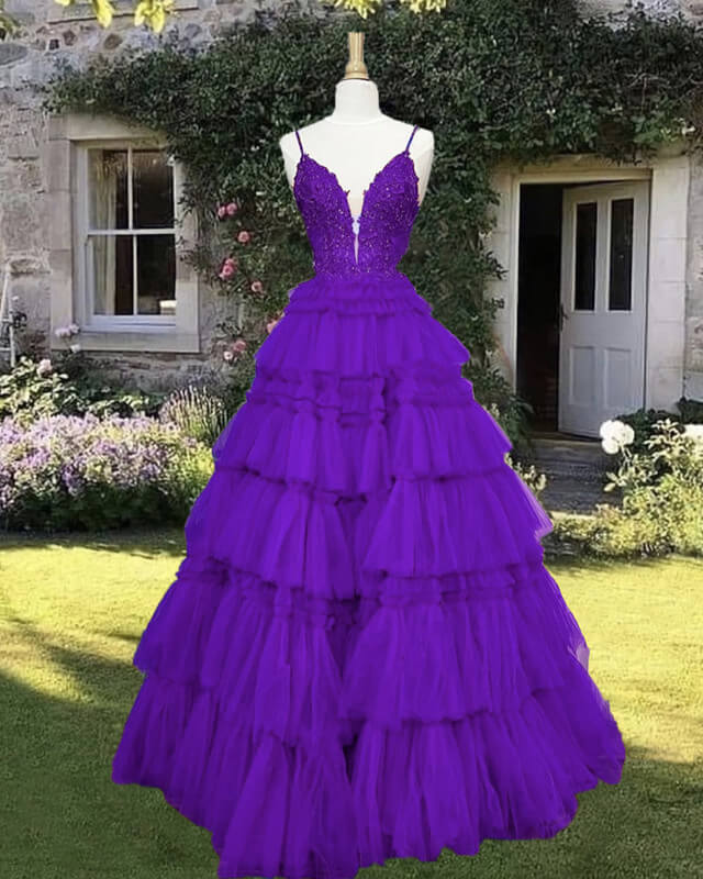 Lace V-neck Tiered Tulle Ball Gown Dress Lace V-neck Tiered Tulle Ball Gown Dress