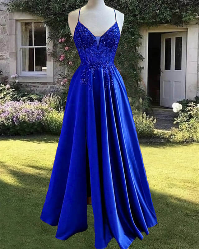 A-line Beaded V-neck High Slit Satin Dres alinanova A-line Beaded V-neck High Slit Satin Dres alinanova
