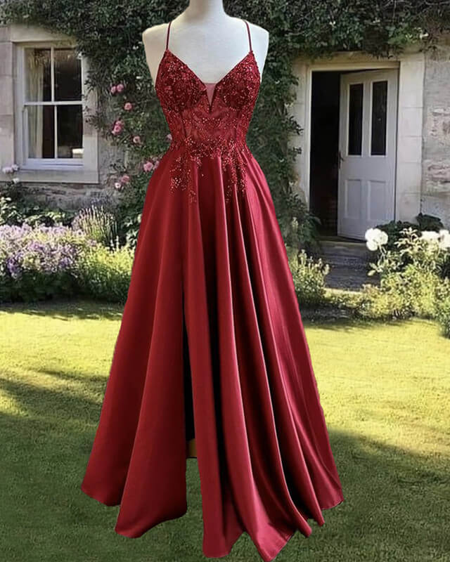 A-Line Beaded V-Neck High Slit Satin Dres