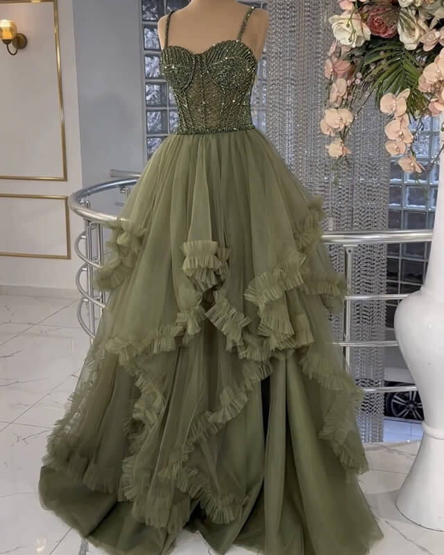 Olive Green Tulle Prom Dress Ruffles Ball Gown – alinanova
