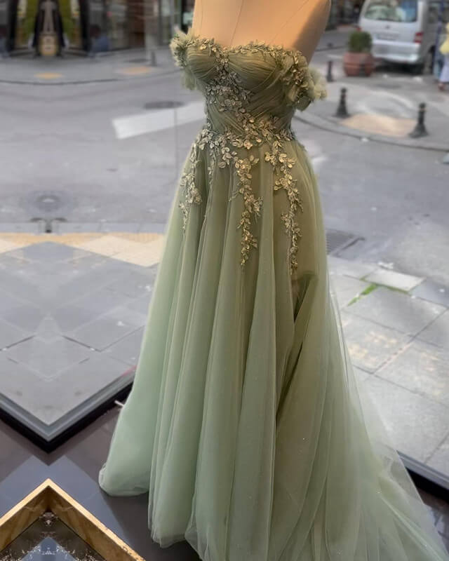 A-line Sage Tulle Lace Appliques Dress