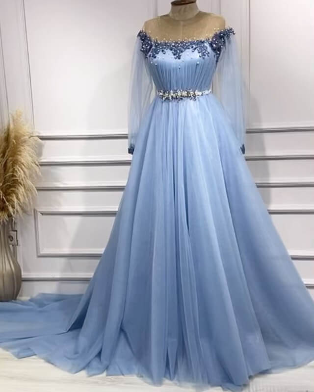 Dusty Blue Tulle Appliques Long Sleeve Dress Dusty Blue Tulle Appliques Long Sleeve Dress