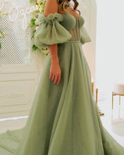 Load image into Gallery viewer, Long Sage Tulle Puffy Sleeves Formal Dress
