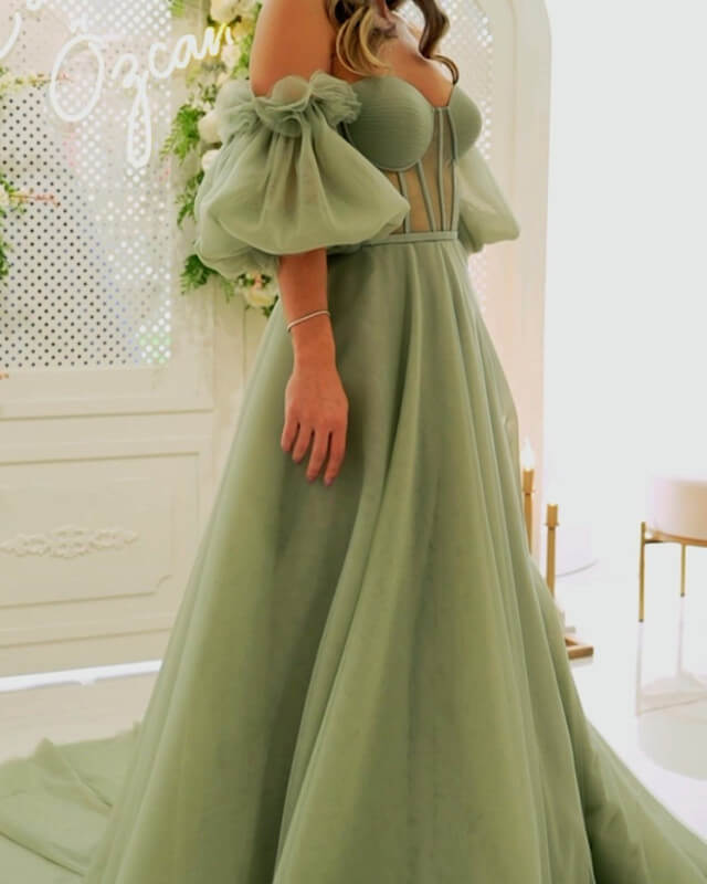 Long Sage Tulle Puffy Sleeves Formal Dress Long Sage Tulle Puffy Sleeves Formal Dress