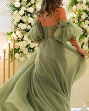 Load image into Gallery viewer, Long Sage Tulle Puffy Sleeves Formal Dress
