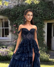 Load image into Gallery viewer, Navy Blue Tiered Lace Prom Dress
