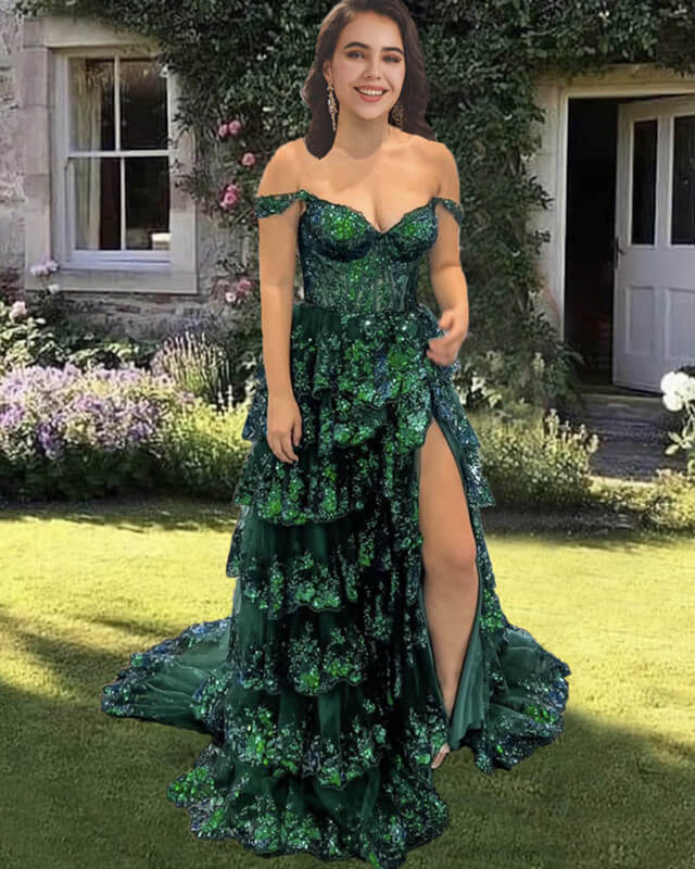 slim fit dress slacks Emerald Green Layered Lace Prom Dress