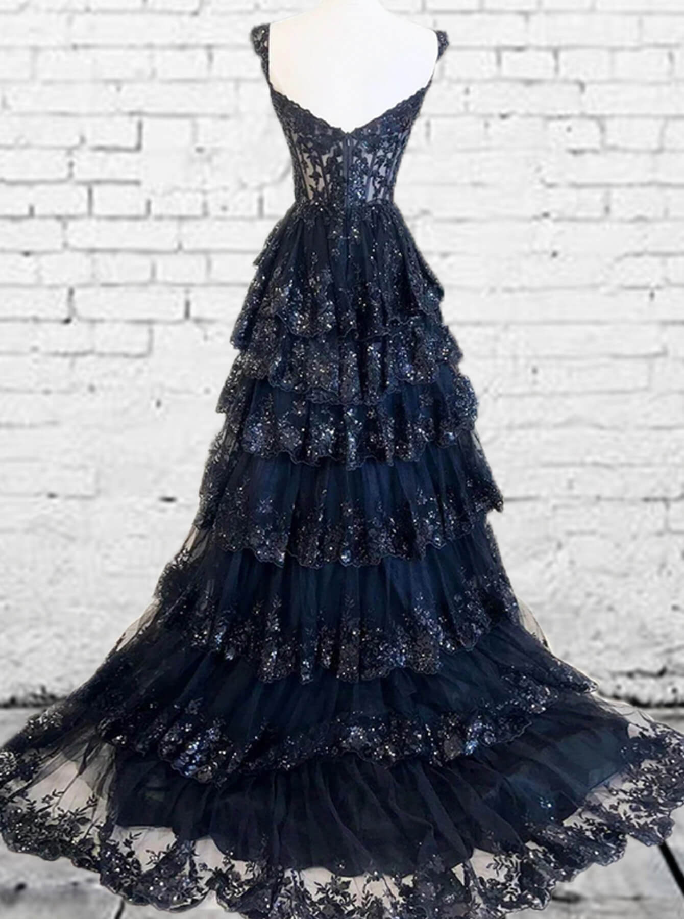 Long Navy Blue Lace Split Prom Dress Long Navy Blue Lace Split Prom Dress