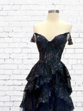 Load image into Gallery viewer, Long Navy Blue Lace Split Prom Dress
