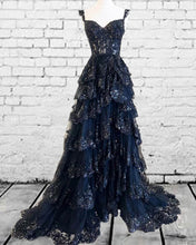 Load image into Gallery viewer, Navy Blue Lace Prom Dress 2024
