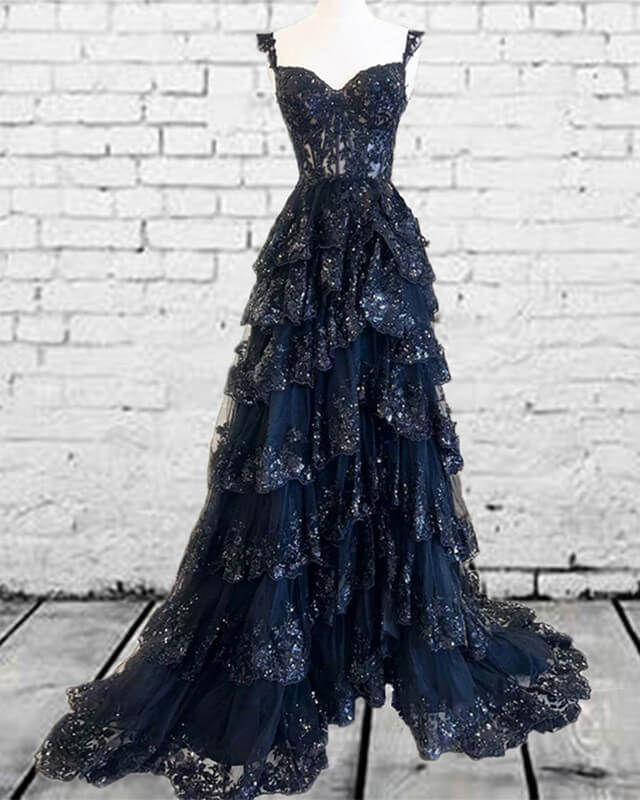 strapless open back dress Navy Blue Tiered Lace Prom Dress 2024 – alinanova