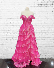 Load image into Gallery viewer, Hot Pink Lace Off Shoulder Tiered Prom Dress With Slit
