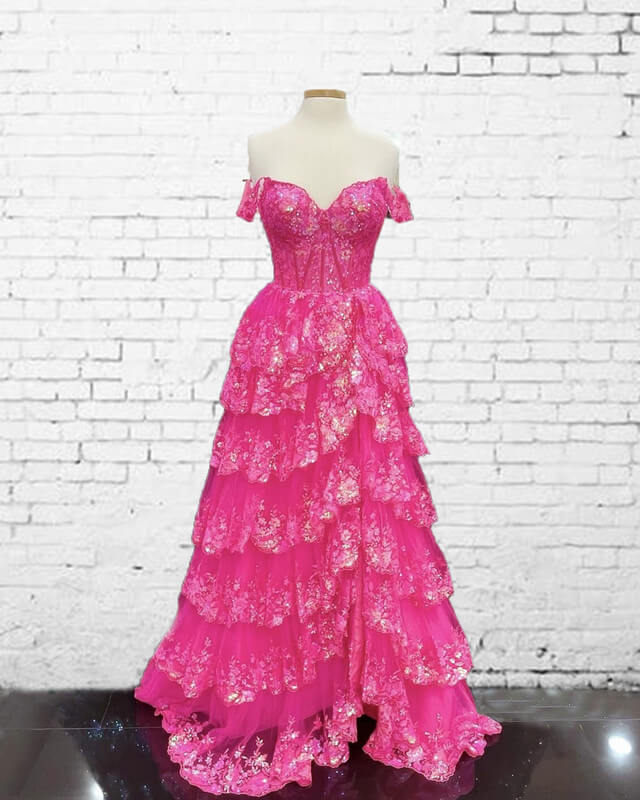 Hot Pink Lace Off Shoulder Tiered Prom Dress With Slit