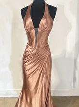 Load image into Gallery viewer, Mermaid Rose Gold Halter Satin Dress
