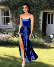 Load image into Gallery viewer, Mermaid Navy Blue Satin Strapless Split Dress
