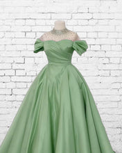 Load image into Gallery viewer, Sheer Beaded High Neck Ball Gown Satin Dress
