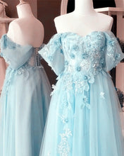 Load image into Gallery viewer, Light Blue Tulle 3D Lace Embroidery Off Shoulder Corset Dress
