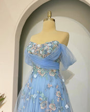 Load image into Gallery viewer, Fairy Blue Tulle Off Shoulder Lace Embroidery Dress
