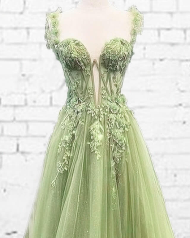 Sage Tulle A-line Appliques Dress