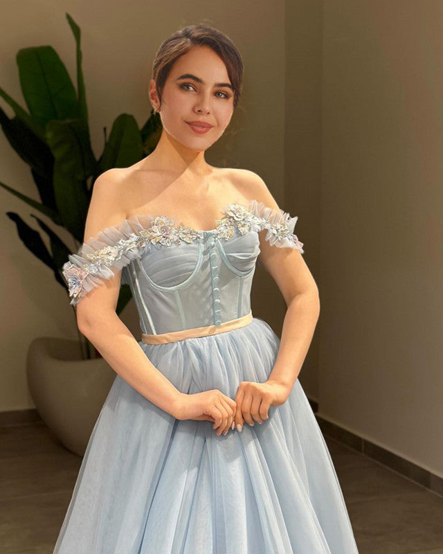 Light Blue Off ShoulderTulle Split Prom Dress