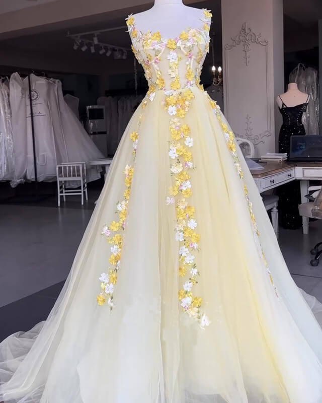 Yellow 3D Lace Embroidery Tulle Corset Dress Yellow 3D Lace Embroidery Tulle Corset Dress