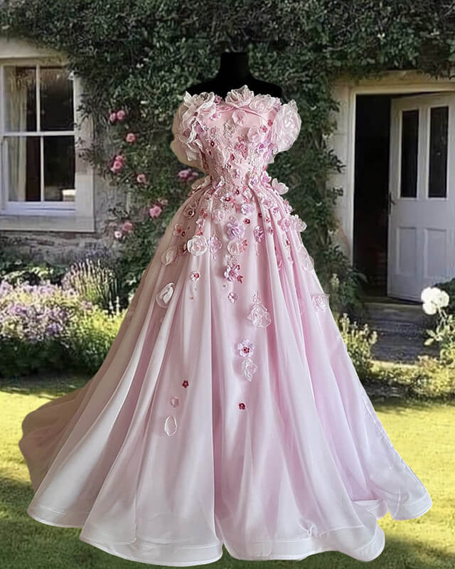 Tulle Strapless 3D Flowers Embroidery Ball Gown Tulle Strapless 3D Flowers Embroidery Ball Gown