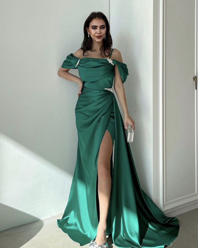 Mermaid Cold Shoulder Split Satin Gown Mermaid Cold Shoulder Split Satin Gown