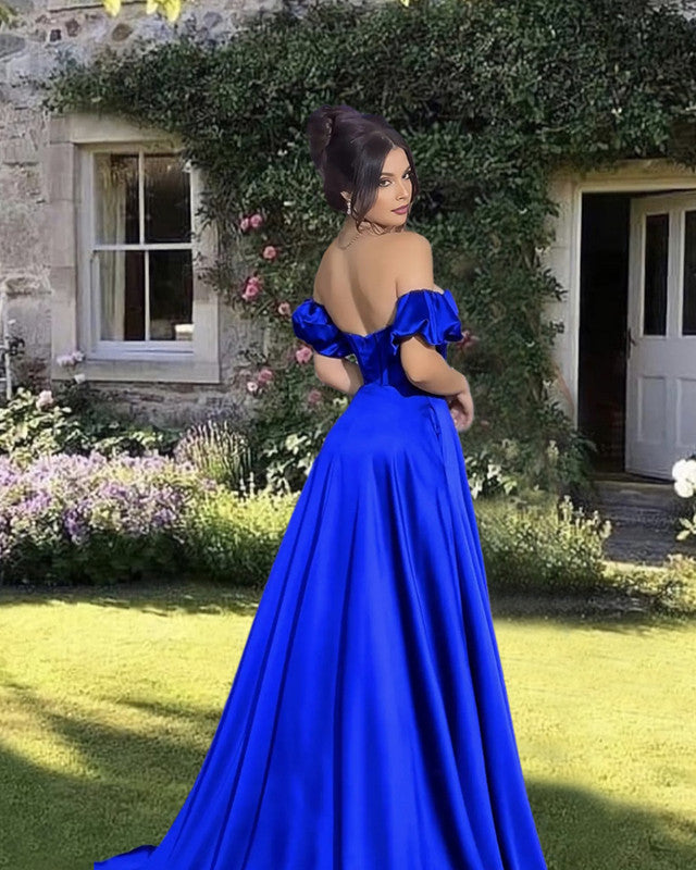 Royal Blue Satin Split Dress With Pockets alinanova Royal Blue Satin Split Dress With Pockets alinanova