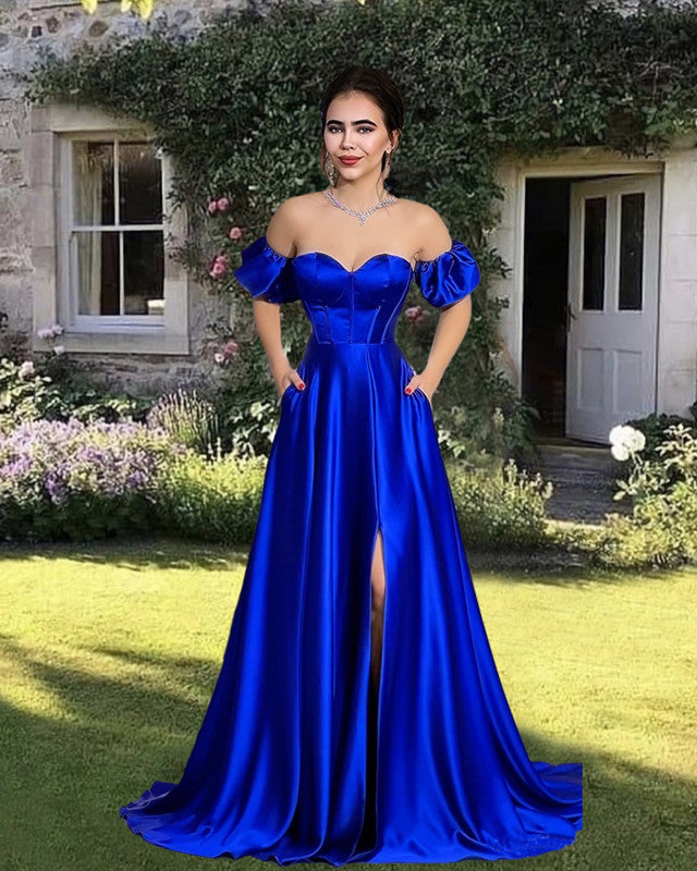 Royal Blue Satin Split Dress With Pockets