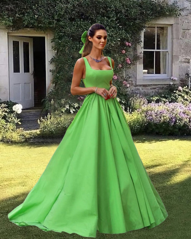 Light Green Satin Square Neck Dress alinanova Light Green Satin Square Neck Dress alinanova