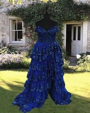 Load image into Gallery viewer, Navy Blue Lace Prom Dress Plus Size
