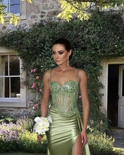 Load image into Gallery viewer, Mermaid Spaghetti Straps Slit Satin Appliques Dress
