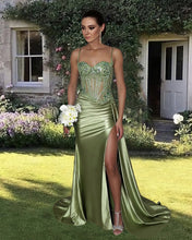 Load image into Gallery viewer, Mermaid Sage Green Satin Dress
