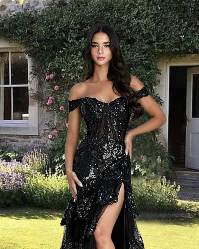 mermaid style cocktail dress Black Mermaid Sequin Lace Ruffle Dress