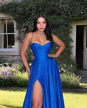 Load image into Gallery viewer, Strapless Royal Blue Sparkly Dress With Split

