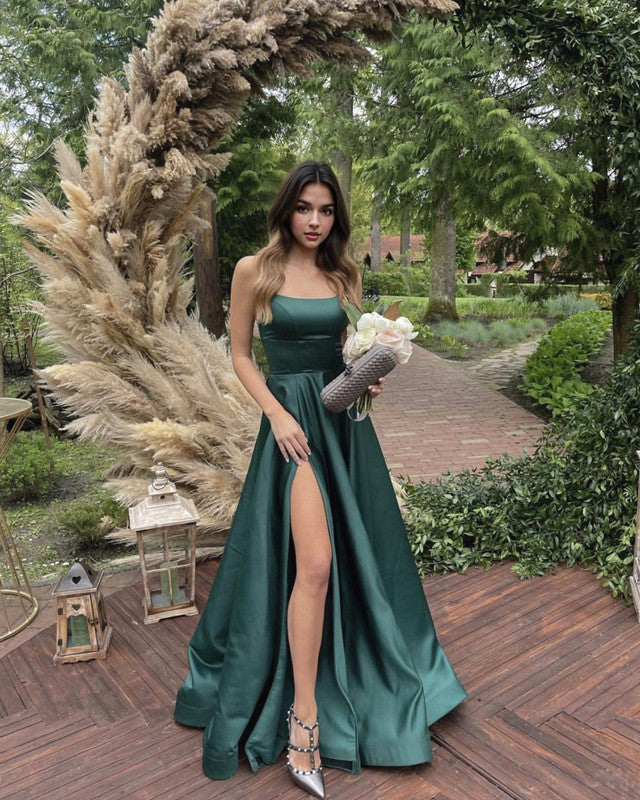 Green Long Satin Strapless Split Dress