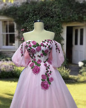 Load image into Gallery viewer, Pink Embroidery Tulle Off The Shoulder Dress
