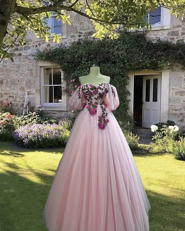 Pink Embroidery Tulle Off The Shoulder Dress
