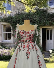 Load image into Gallery viewer, White Tulle Floor Length Ball Gown With 3D Lace Embroidery.

