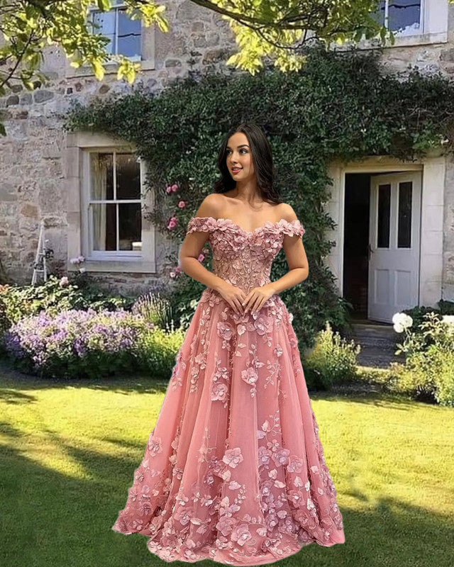 Graceful A-line Off Shoulder Embroidery Prom Dress