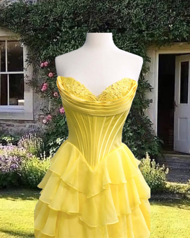 Yellow Chiffon Ruffles Split Prom Dress