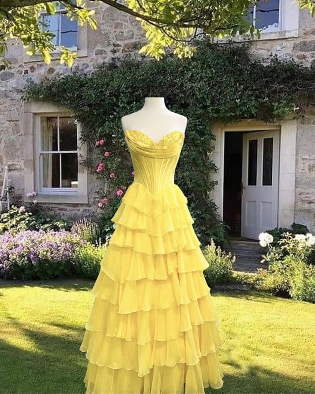 Yellow Chiffon Ruffles Split Prom Dress