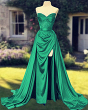 Load image into Gallery viewer, Mermaid Beaded V Neck Satin Dress With Slit
